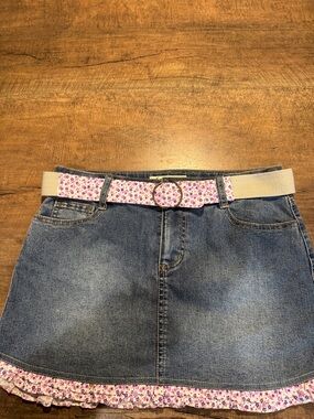 Lei Denim Mini Skirt Girls 16 Blue Pink Ruffle Hem Y2K Floral Belted